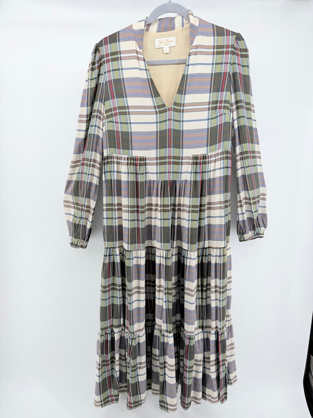 Julie Brown Heritage Plaid Tiered V-Neck Midi Dress Preppy Dark Academia M